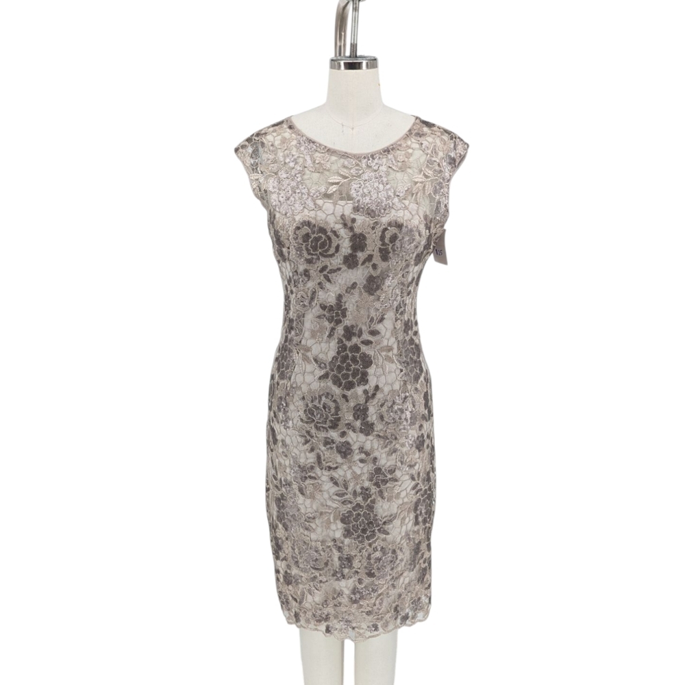 00304 Adrianna Papell Lace Sequin Dress Gray size 6 preppy wedding evening party